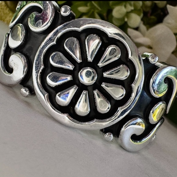 Vintage Ornate Silver Wide Cuff Bracelet Intricate Floral With Oxidized contrast